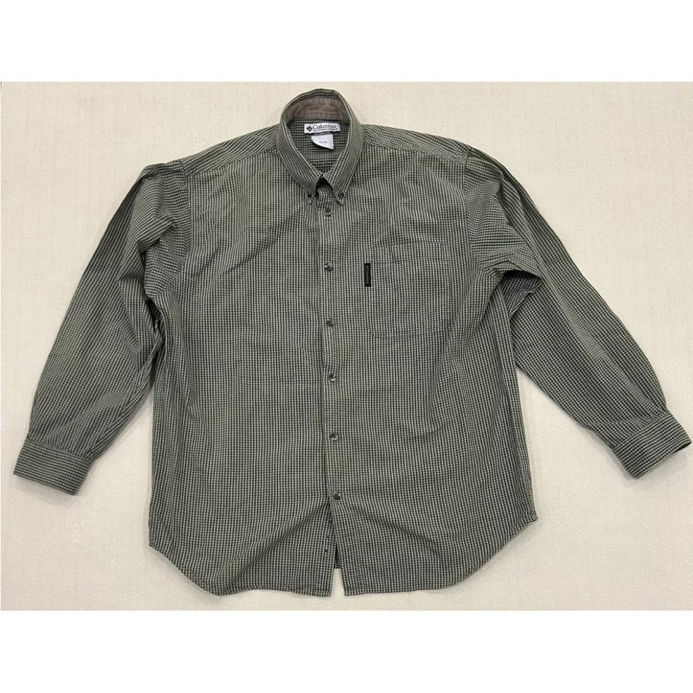 Columbia Button Down Shirt Green And White Patterned Long Sleeve Size L